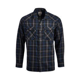 Vertx Canyon Valley Flannel Shirt with blue and black plaid features a front snap faux button front